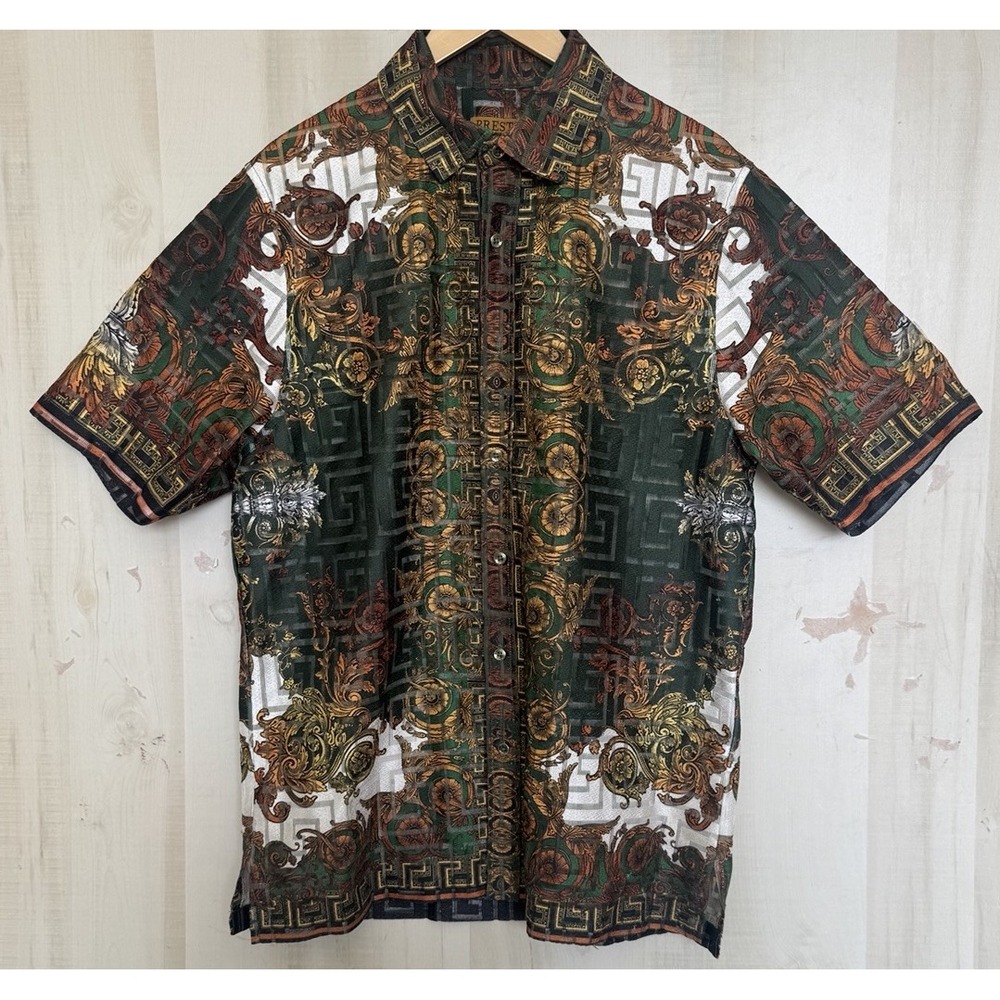 Prestige Original Baroque Print Greek Key Short Sleeve Shirt Rayon Mens Large - Picture 2 of 10